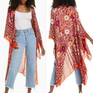 Free People Vibrant Magic Dance Border Print Kimono Robe One Size